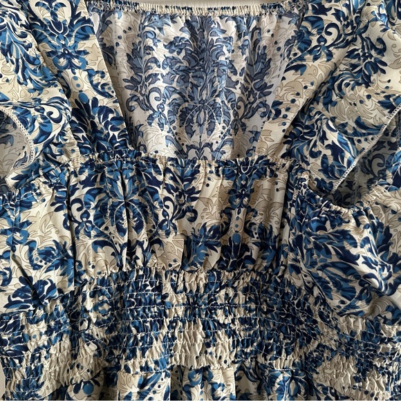 SHEIN Blue and Cream Floral Midi Dress w/Ruffle Cap Sleeve Cinch Waist.  Size XL - Picture 4 of 6